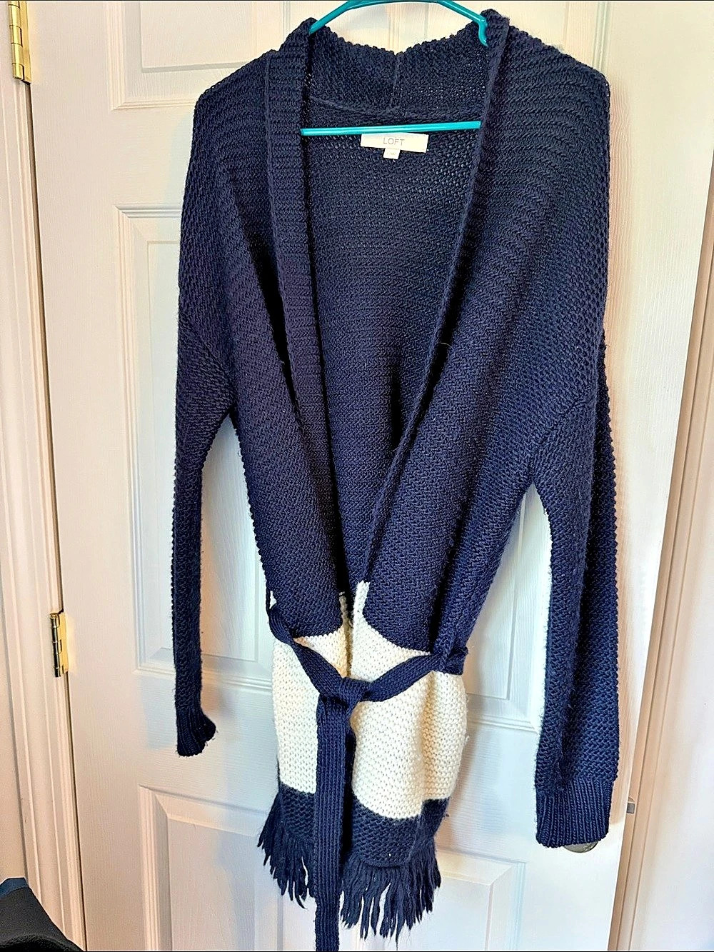 LOFT Color Block Fringe Cardigan in Blue & White Size Large